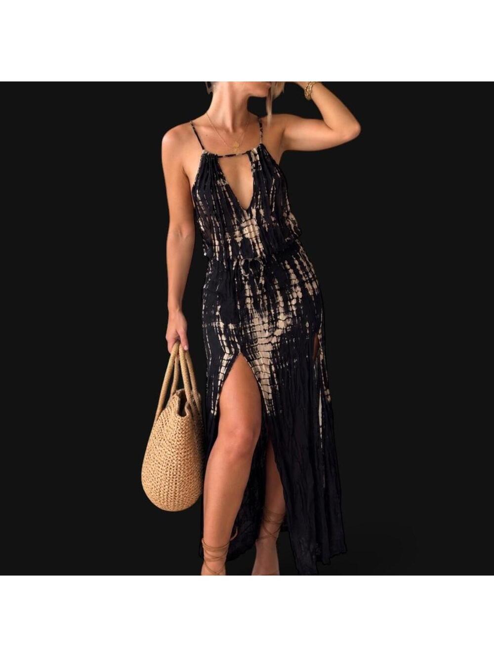 Black & Cream Tie Dye Double Slit Maxi Dress Y2K Boho Western